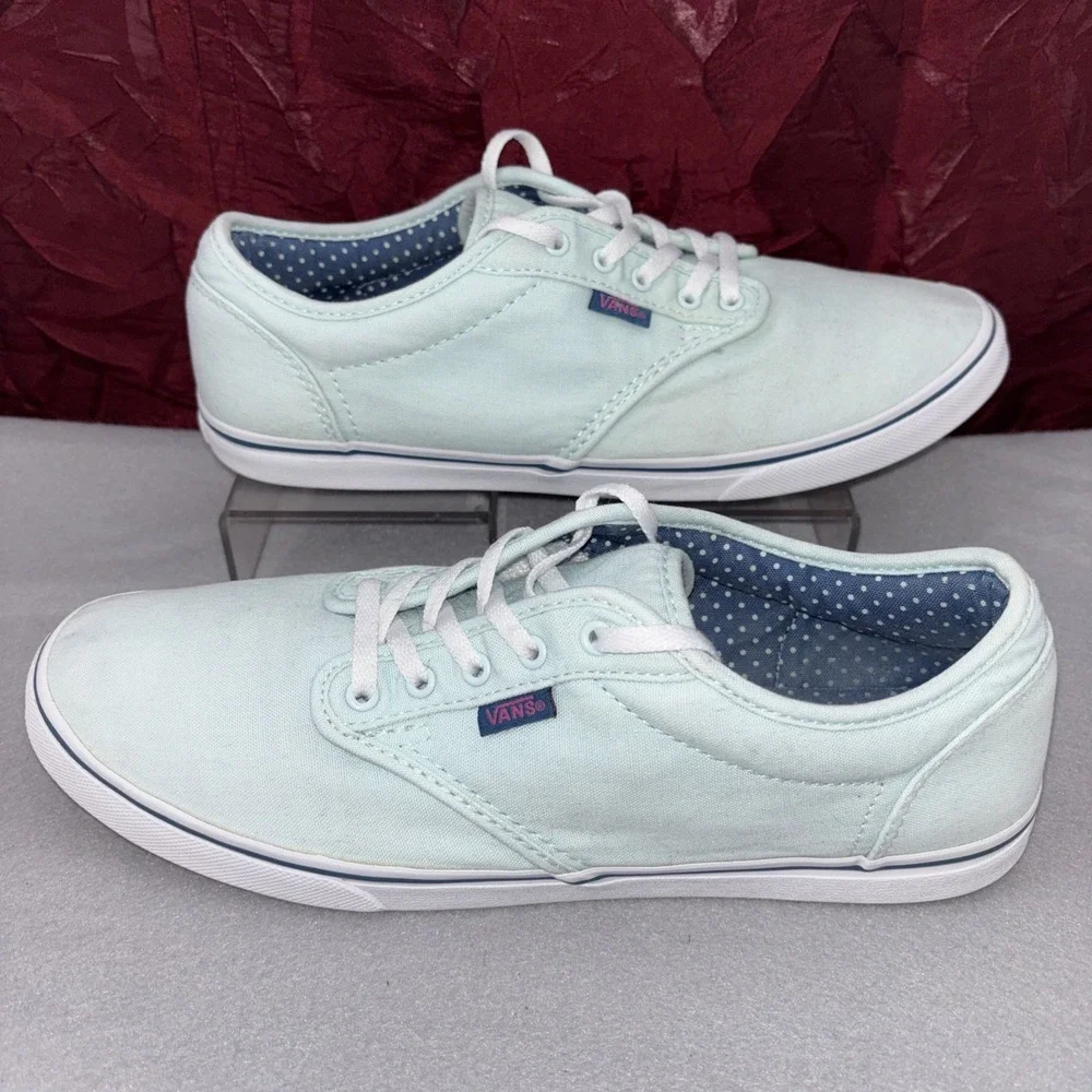 VANS Atwood Mint Green Canvas Sneakers Blue Polka Dot Insoles Women's 9.5 EUC